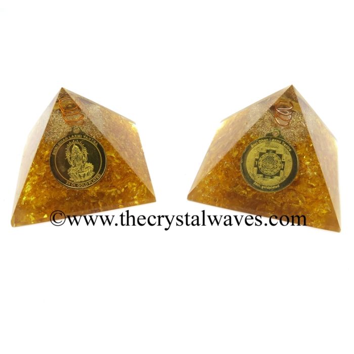 Yellow Dyed Quartz Chips Orgone Pyramid With Shree Dhan Laxmi Kavach Yantra / Shree Laxmi Wealth Protection Yantra