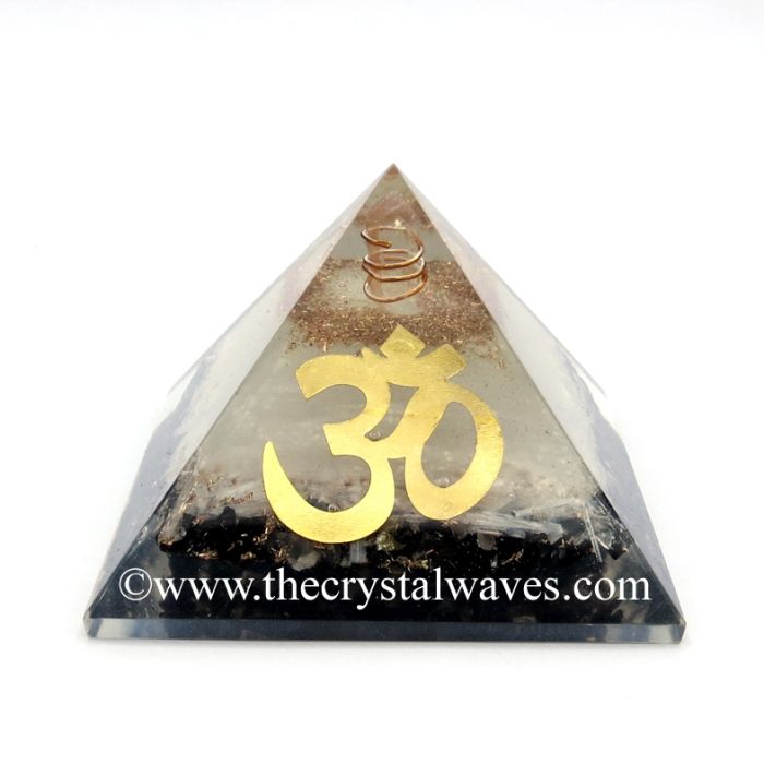 Glow In Dark Black Tourmaline & Selenite Chips Orgone Pyramid With Big Om Symbol