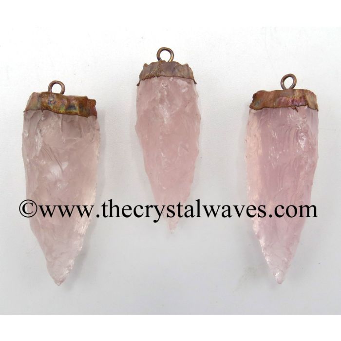 Rose Quartz 4 Side Handknapped Tooth Copper Electroplated Pendant