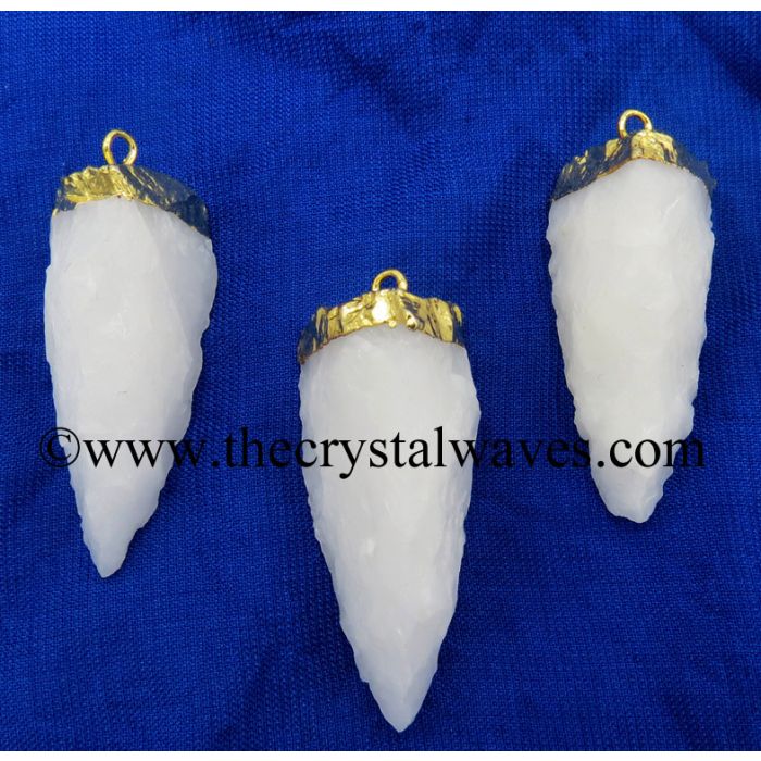 Snow Quartz 3 Side Handknapped Tooth Gold Electroplated Pendant