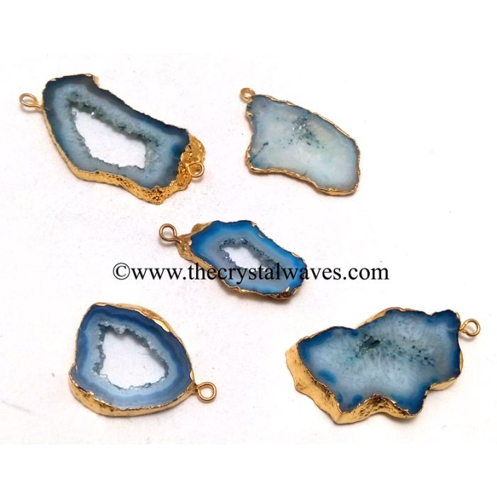 Persian Blue Banded Agate Chalcedony Geode Freeform Small Gold Electroplated Pendant