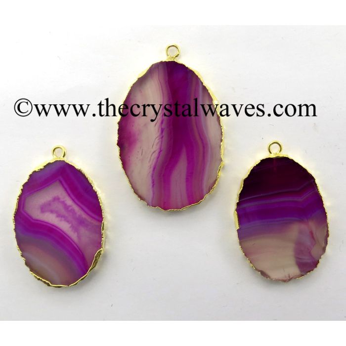 Pink Banded Agate Chalcedony Oval Shape Gold Electroplated Pendant 
