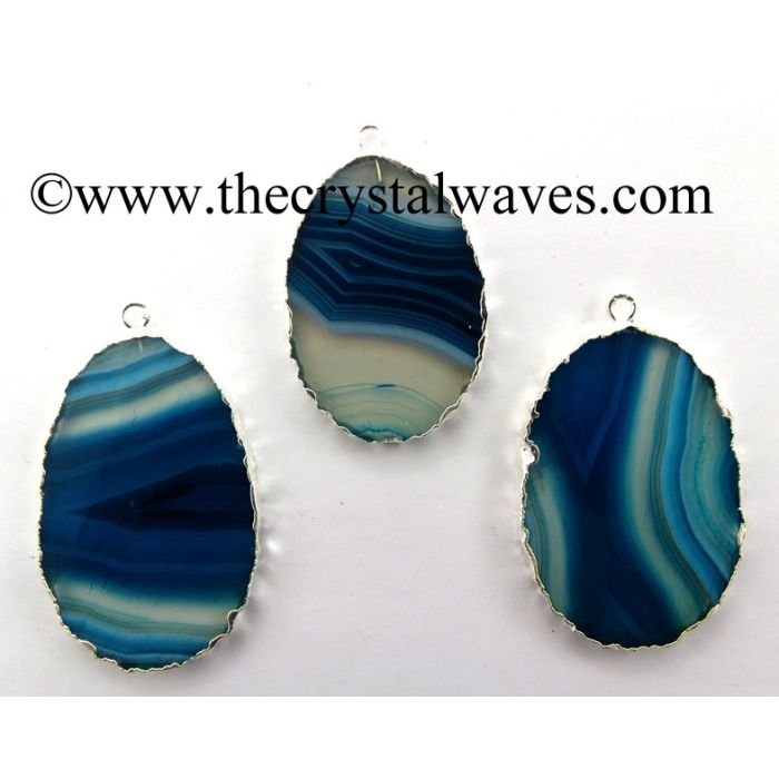 Persian Blue Banded Agate Chalcedony Oval Shape Silver Electroplated Pendant 