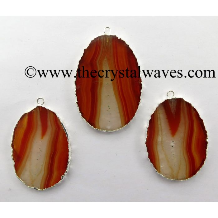 Red Banded Agate Chalcedony Oval Shape Silver Electroplated Pendant 