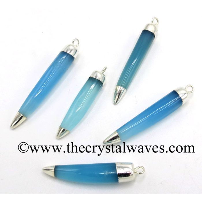 Blue Chalcedony Horn Shape Dual Side Silver Capped Electroplated Pendant