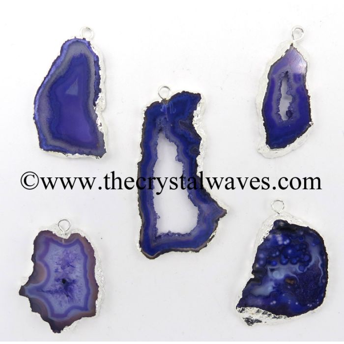 Purple Banded Agate Chalcedony Geode Freeform Silver Electroplated Pendant