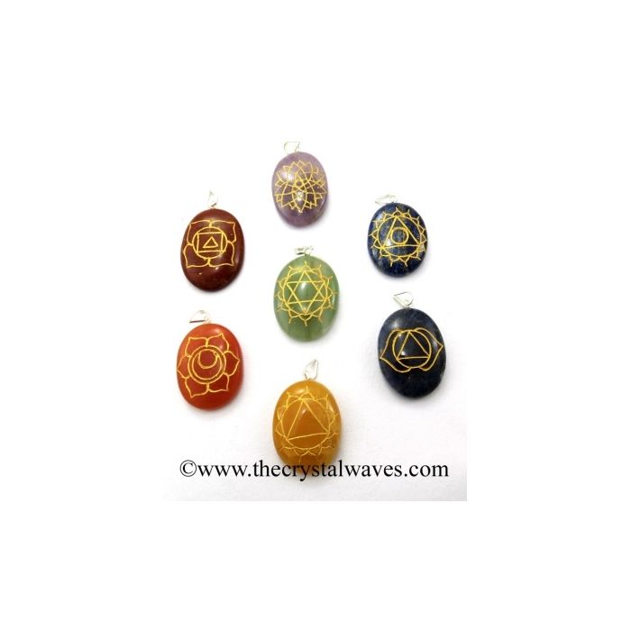 Chakra Symbols Engraved Oval Pendant Set