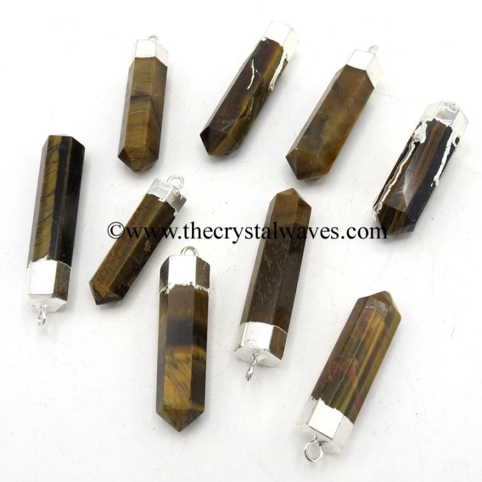 Tiger Eye Agate Pencil Silver Cap Electroplated Pendant
