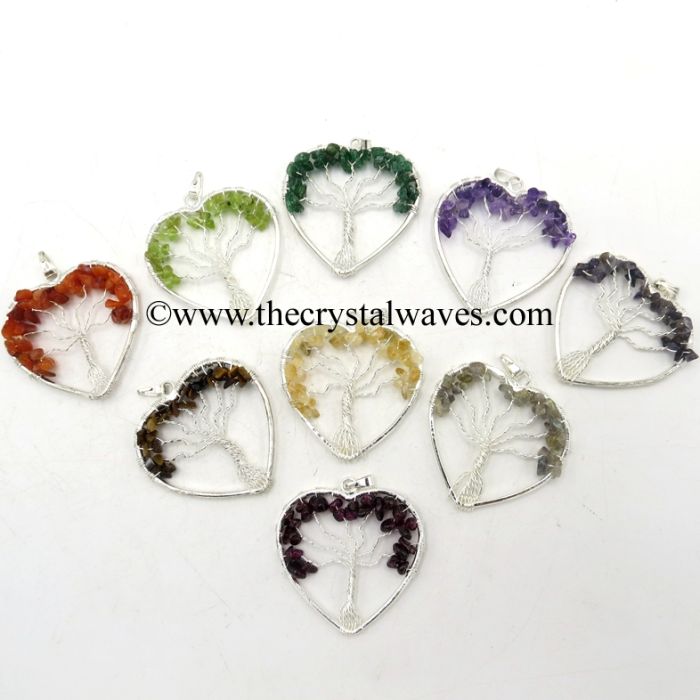 Mix Assorted Gemstone Chips Heart Shaped Tree Of Life Pendant